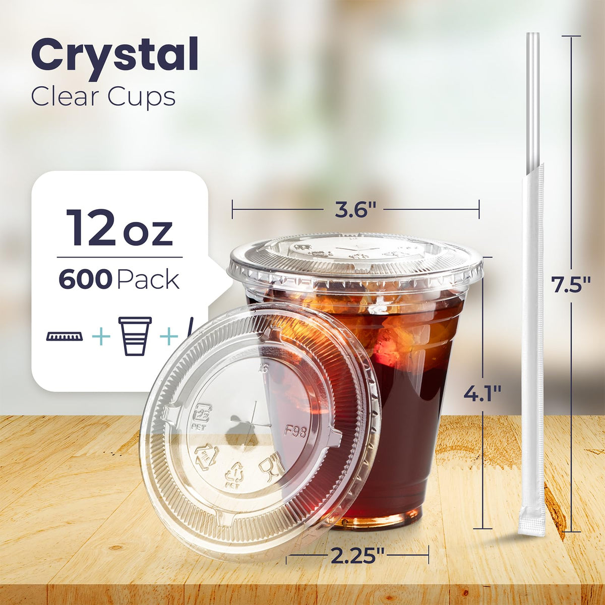 12 oz Clear Plastic Cups with Lids and Straws W901