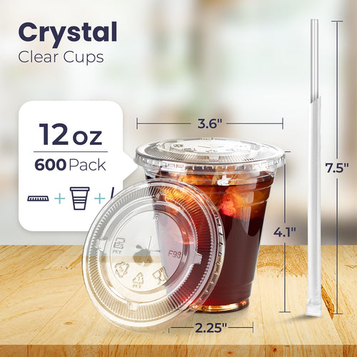 12 oz Clear Plastic Cups with Lids and Straws W901