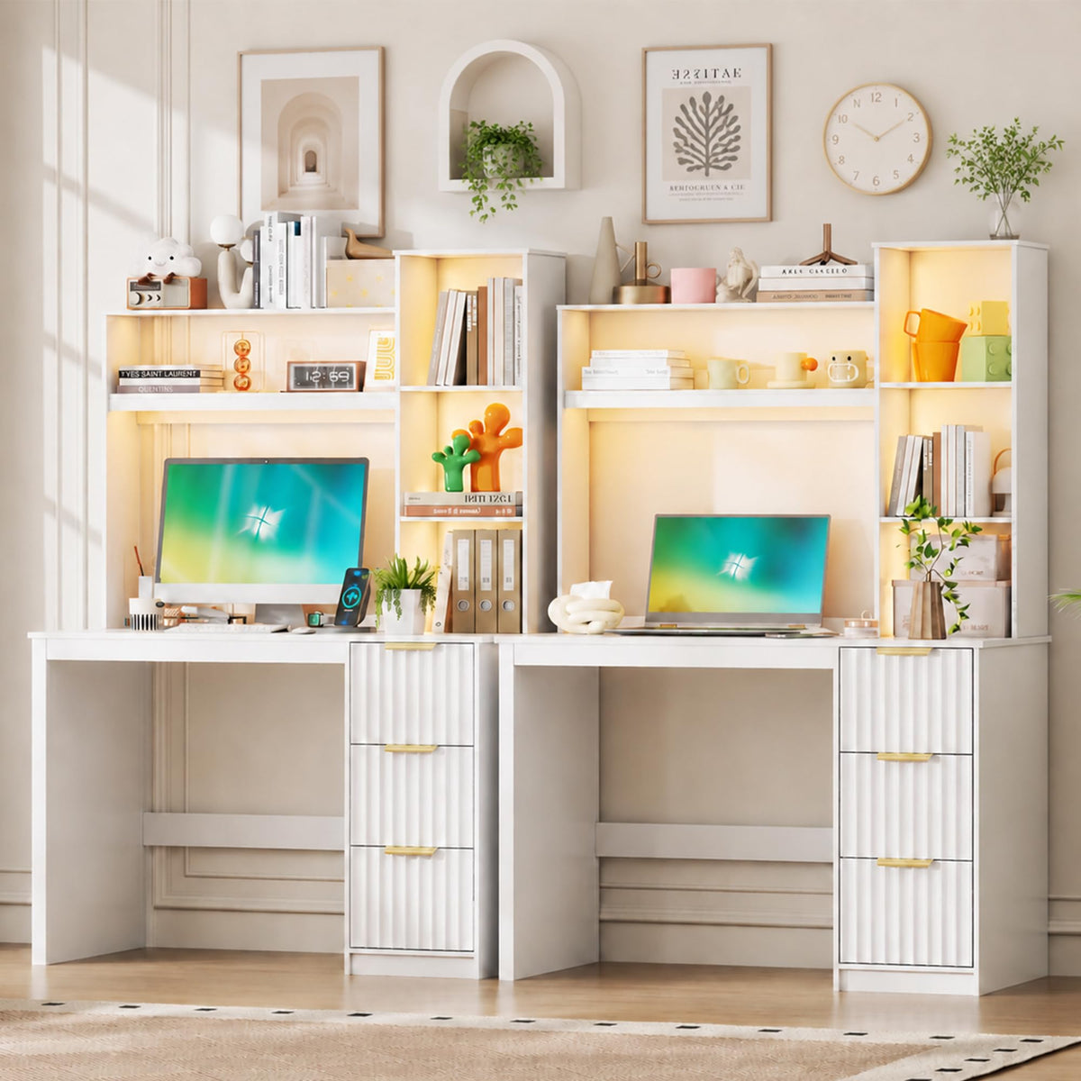 40” White Home Office Desk with Hutch and Drawers S7292