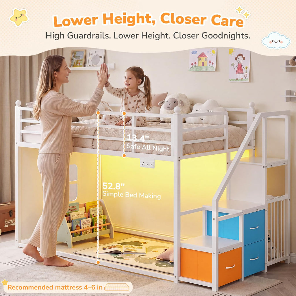 White Twin Over Twin Bunk Bed with Stairs and 3 Storage Drawers M38808