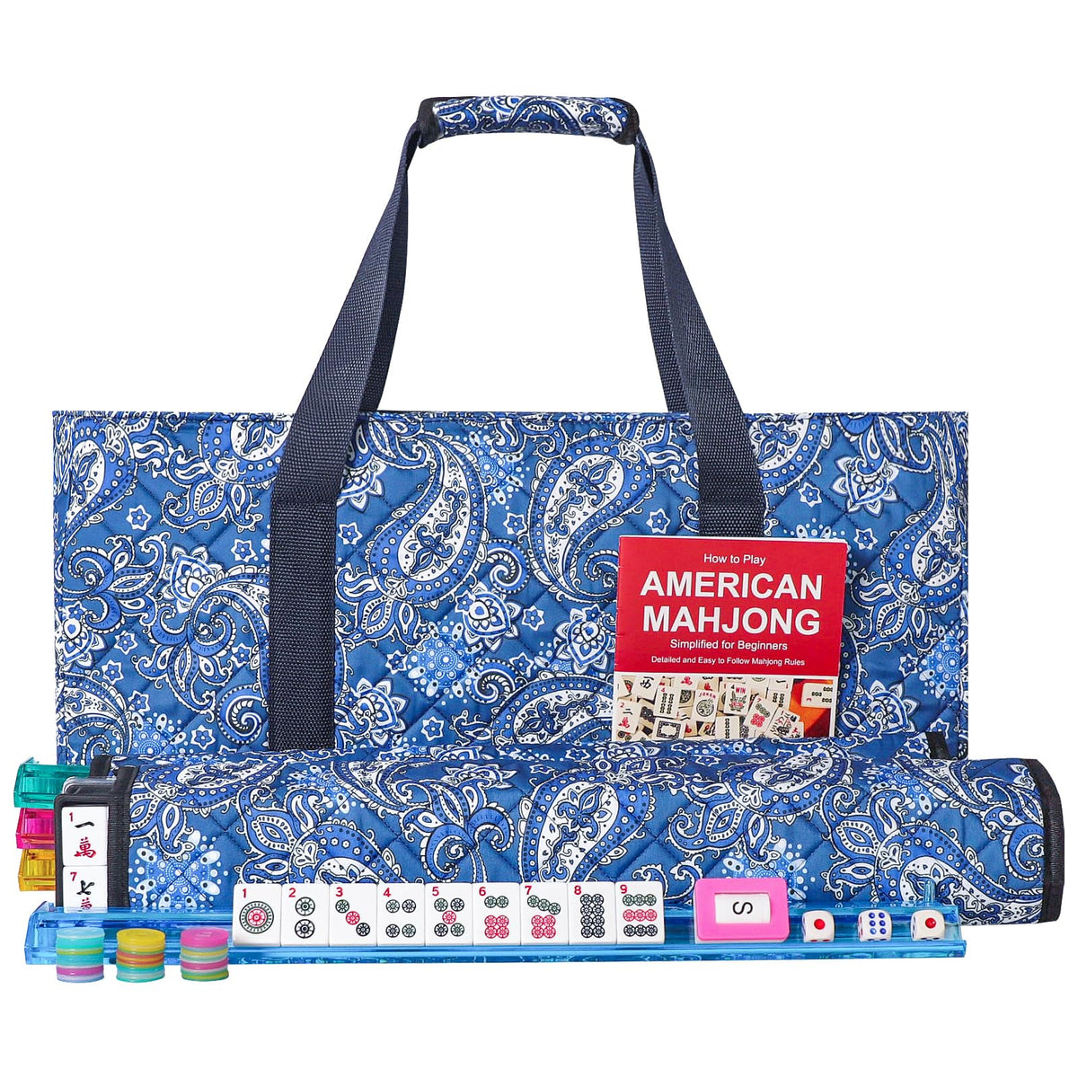 American Mahjong Game Set, 166 White Tiles, 4 Color Rack/Pushers, Blue Carrying Bag M438540