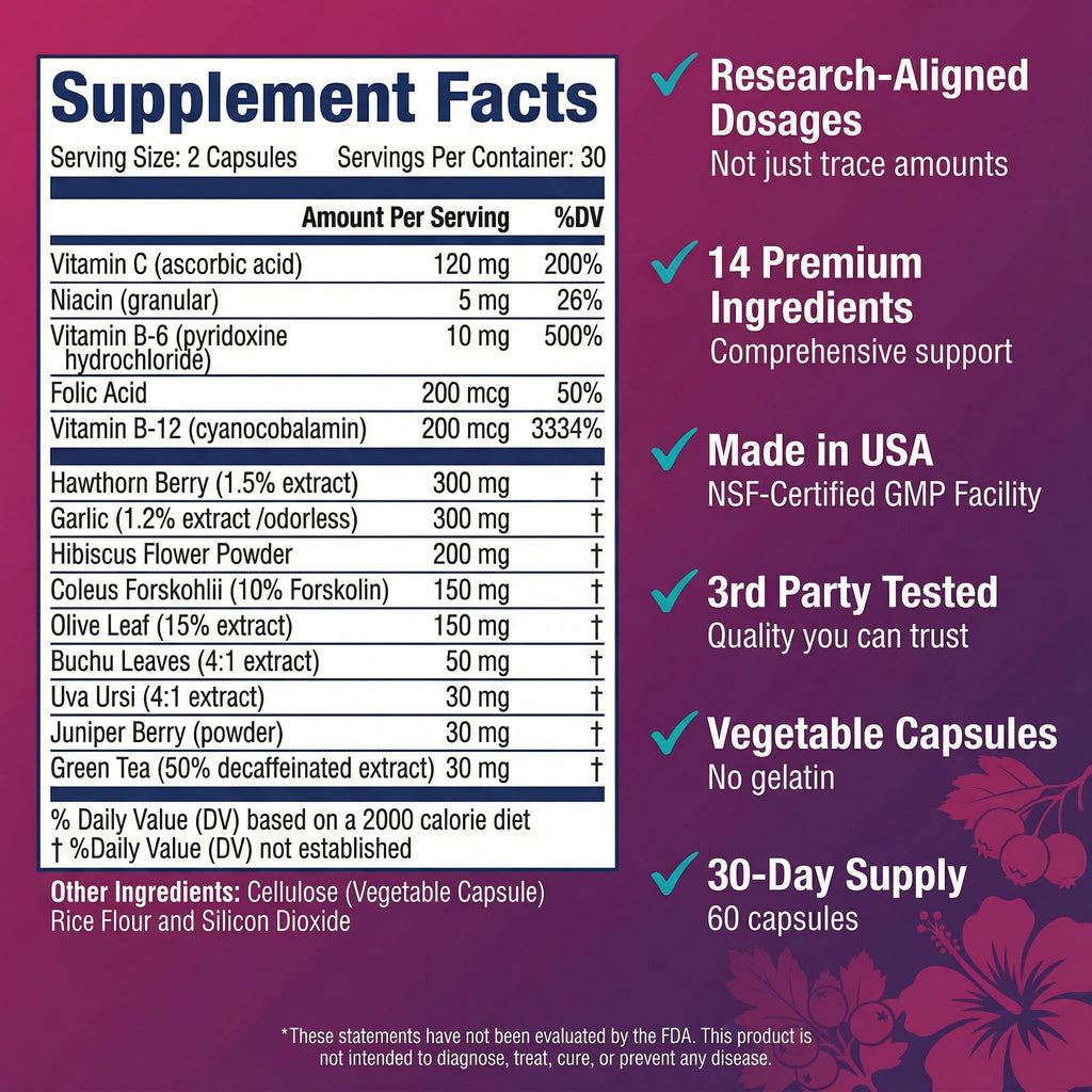 300mg Hawthorn 300mg Garlic 200mg Hibiscus 60 Vegetable Capsules X98030