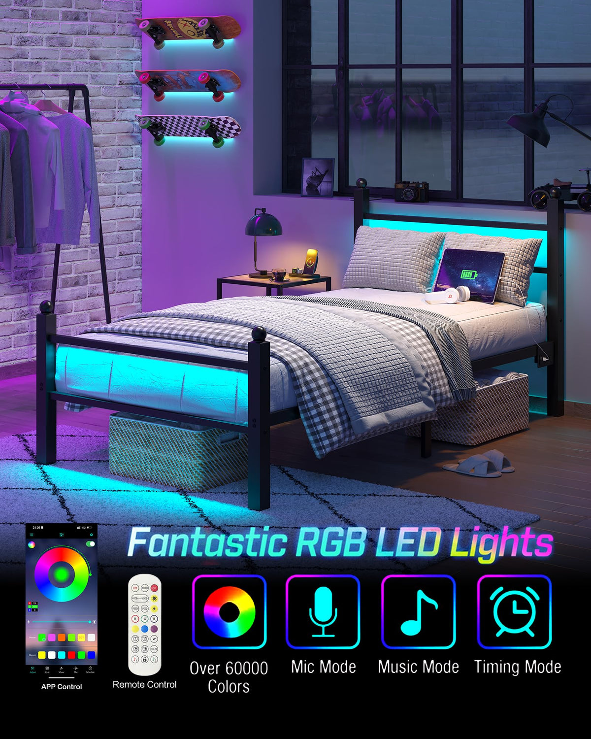 Black Twin Bed Frame with LED Lights and Charging Station U152