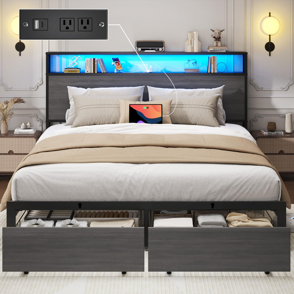 Rustic Grey Full Bed Frame with Charging Station Q692800