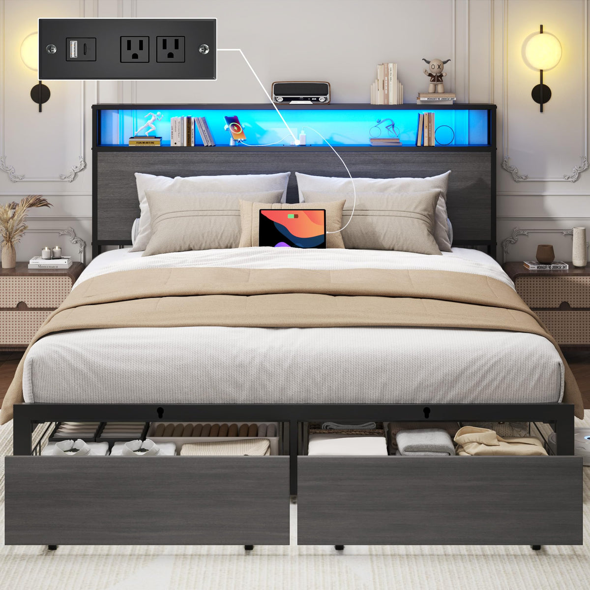 Rustic Grey Full Bed Frame with Charging Station Q692800