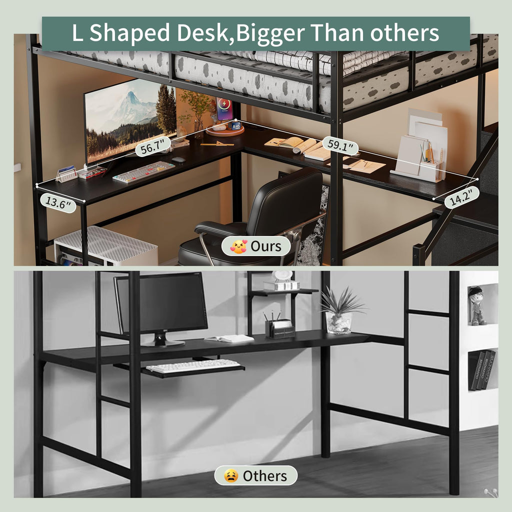 Full Size Metal Loft Bed with Desk & Storage Staircase F9973