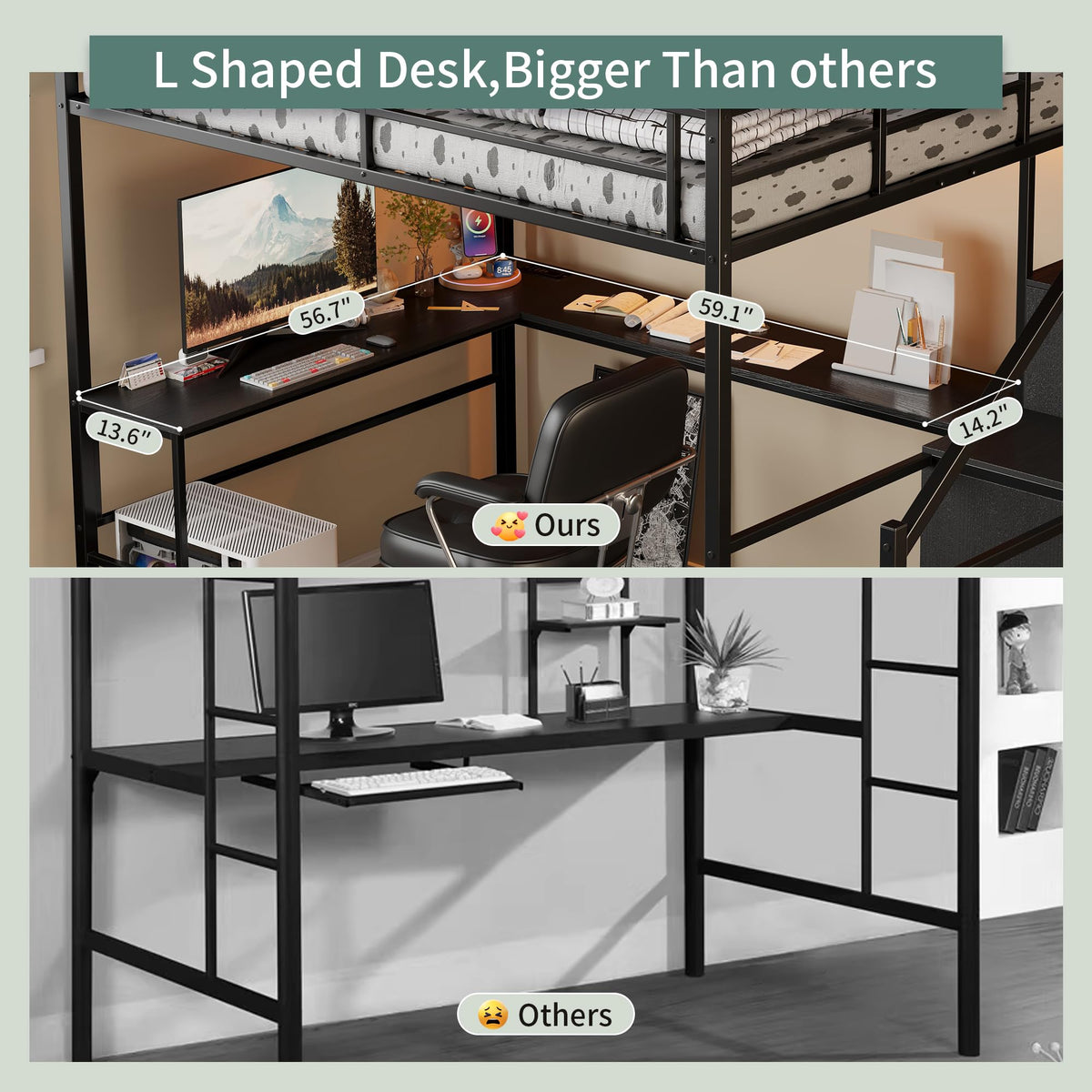 Full Size Metal Loft Bed with Desk & Storage Staircase F9973