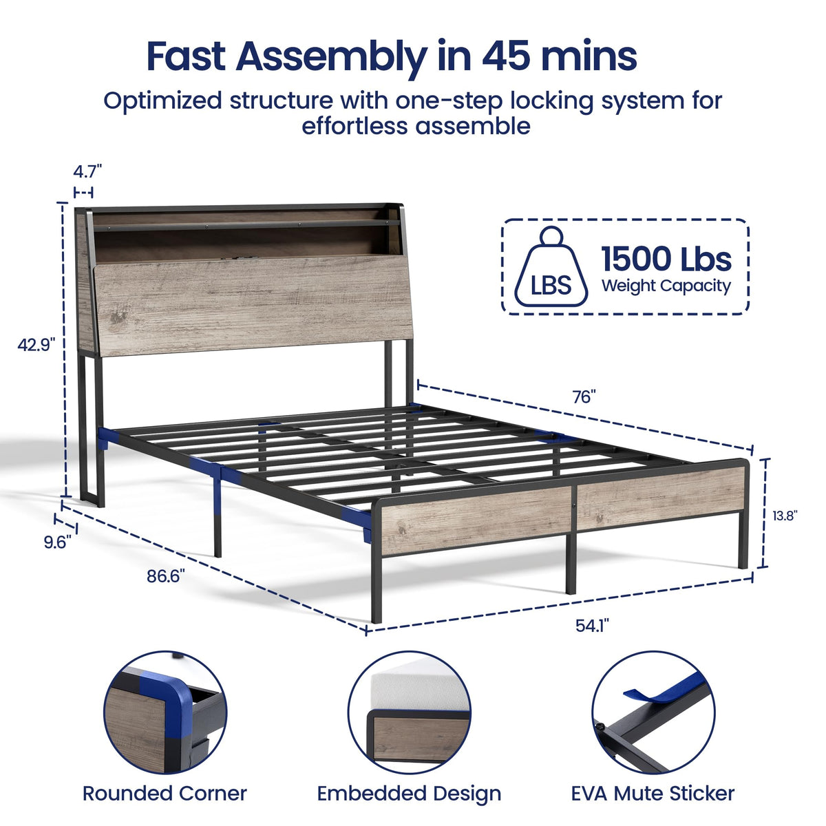 Queen Metal Platform Bed Frame with RGB Lights and Outlets F66210