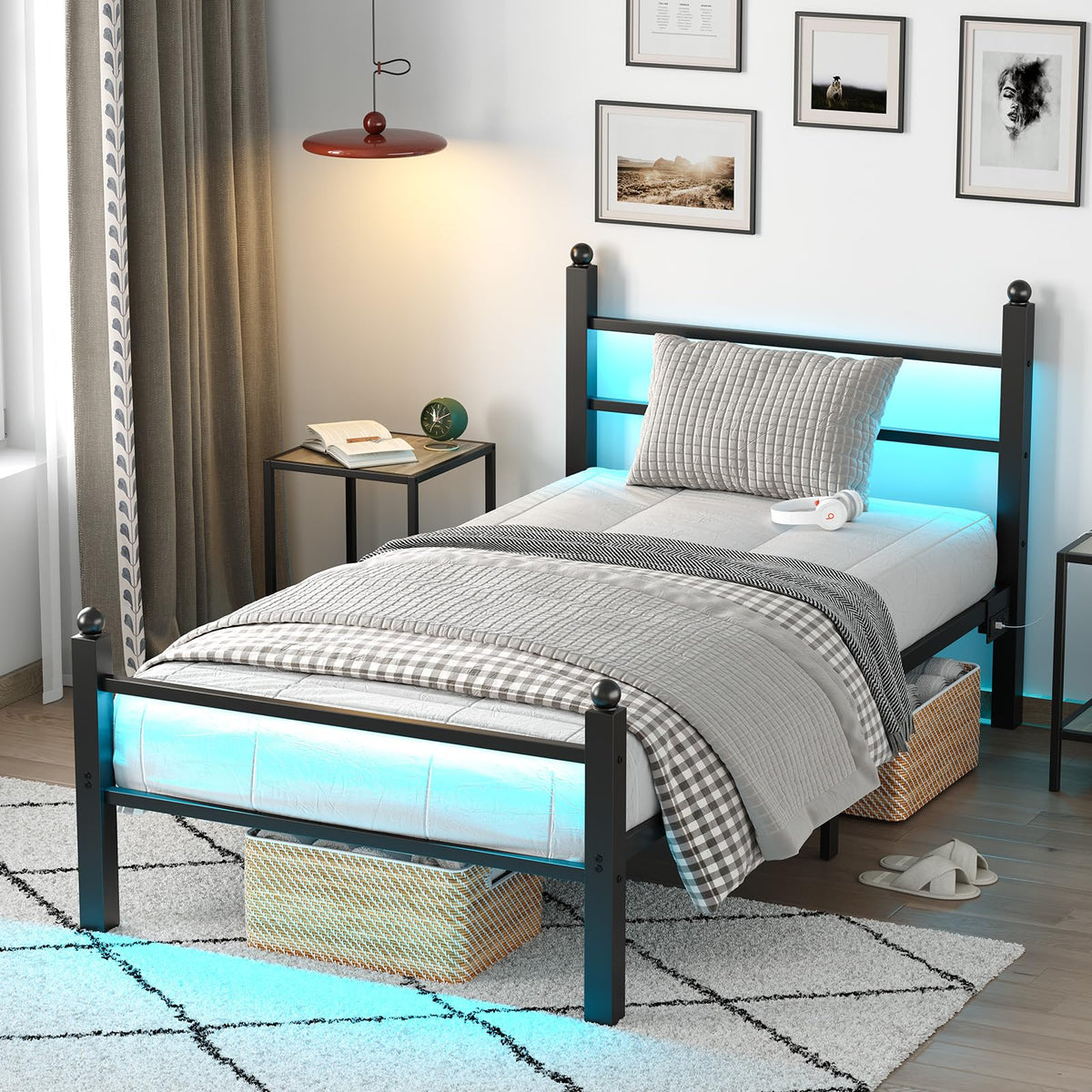 Black Twin Bed Frame with LED Lights and Charging Station U152
