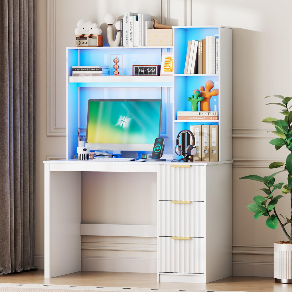 40” White Home Office Desk with Hutch and Drawers S7292