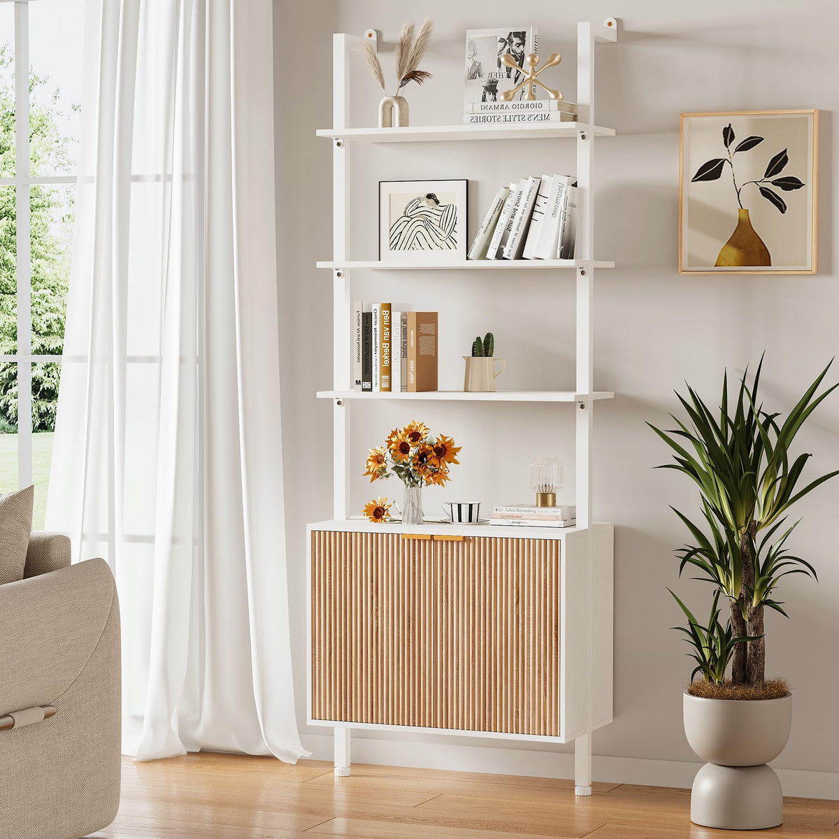 74" Tall White and Oak Bookshelf with Storage Cabinet I342