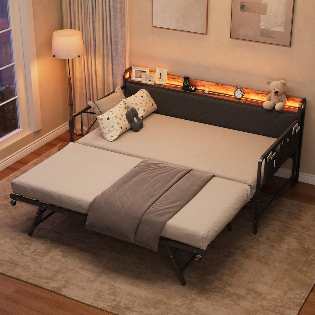 Twin Daybed with Upholstered Headboard and Trundle, Black R428