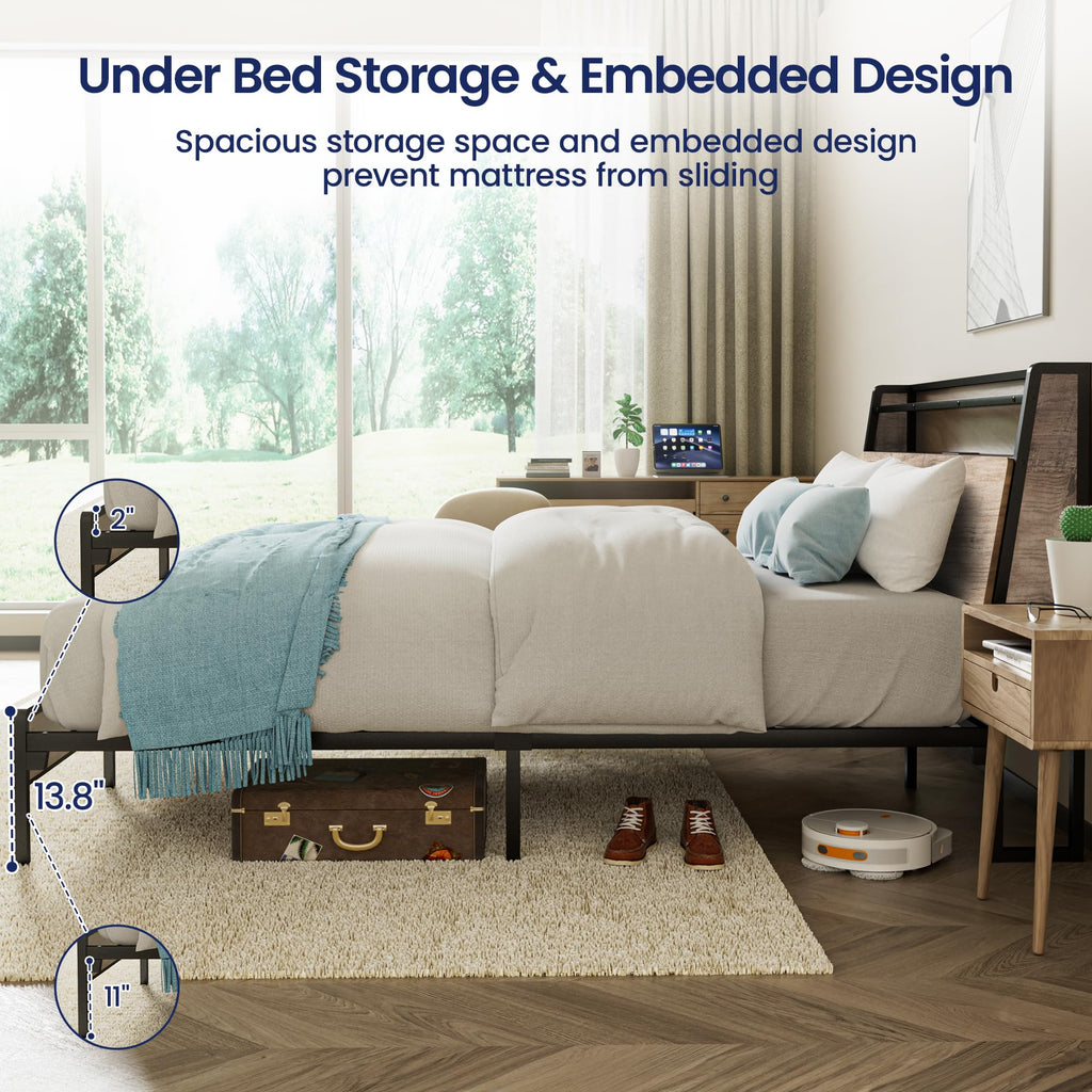 Queen Metal Platform Bed Frame with RGB Lights and Outlets F66210
