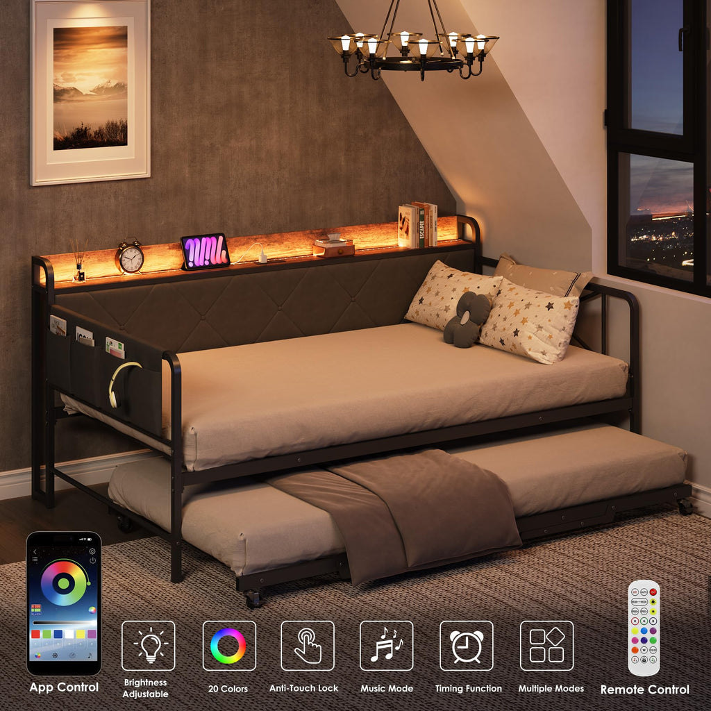 Twin Daybed with Upholstered Headboard and Trundle, Black R428