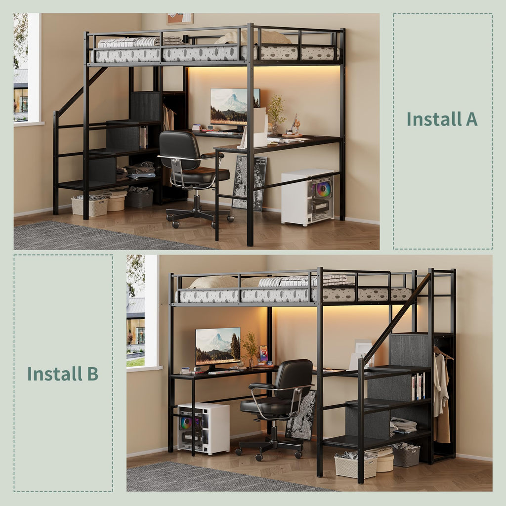 Full Size Metal Loft Bed with Desk & Storage Staircase F9973