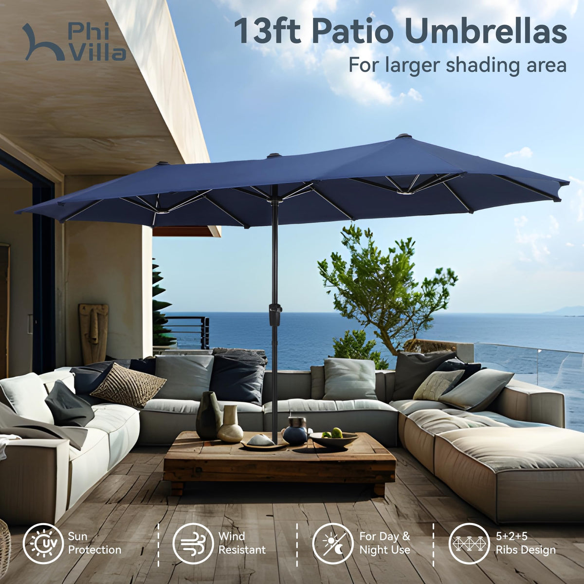13ft Navy Rectangle Outdoor Patio Umbrella G12305