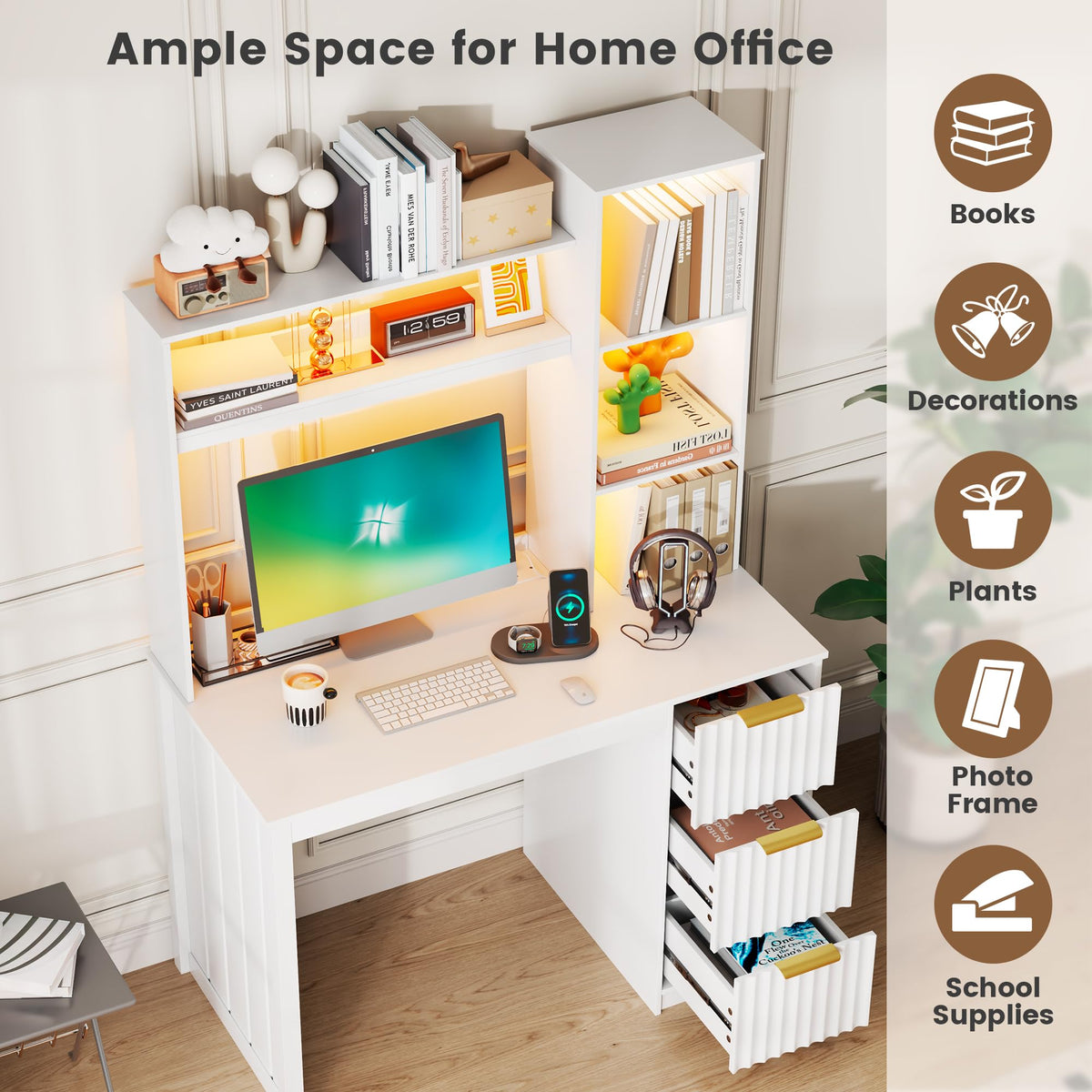 40” White Home Office Desk with Hutch and Drawers S7292