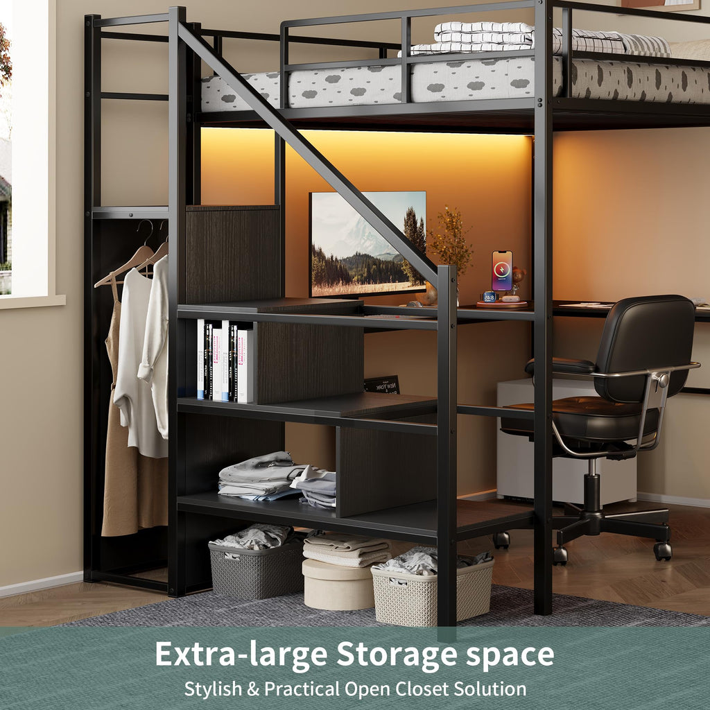 Full Size Metal Loft Bed with Desk & Storage Staircase F9973