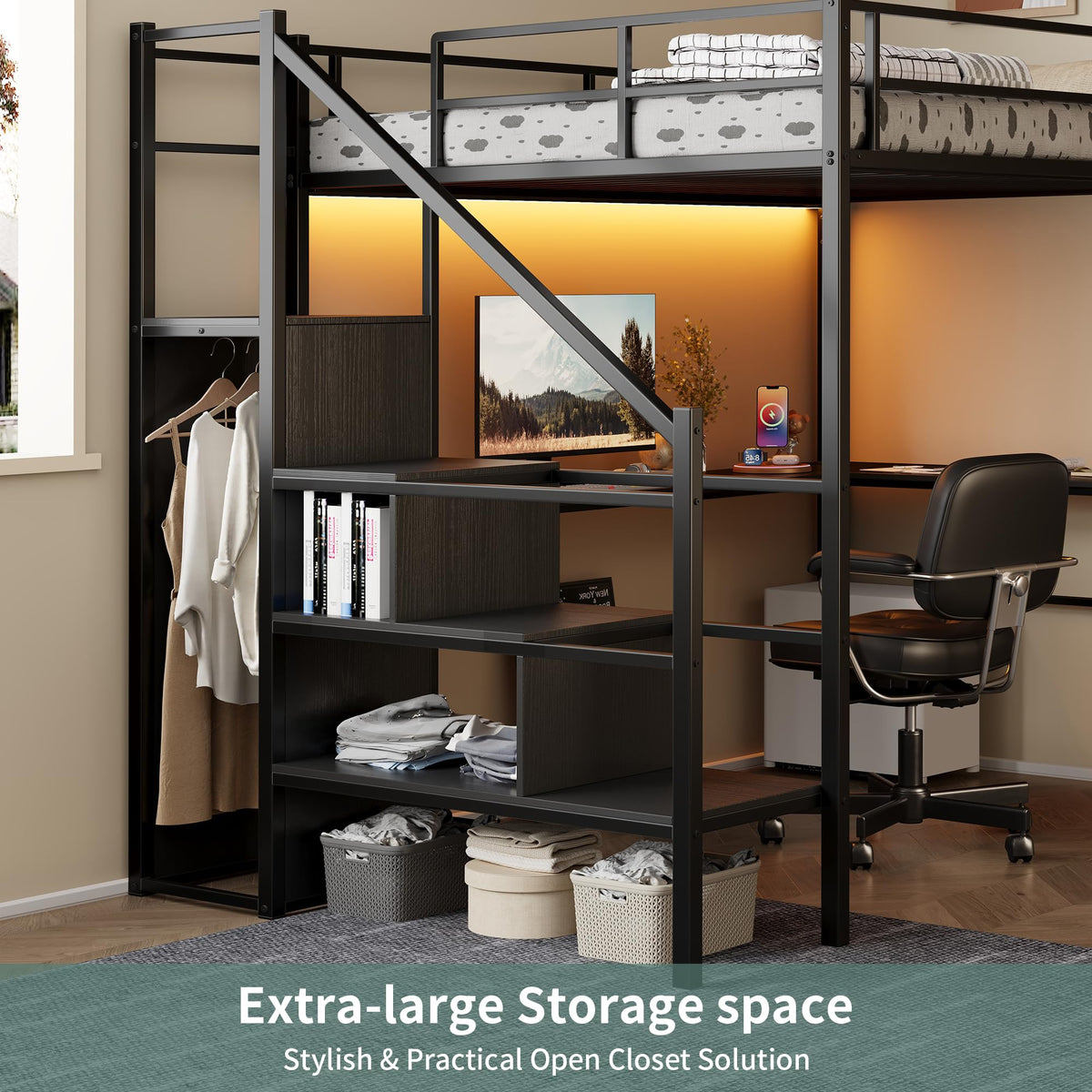 Full Size Metal Loft Bed with Desk & Storage Staircase F9973