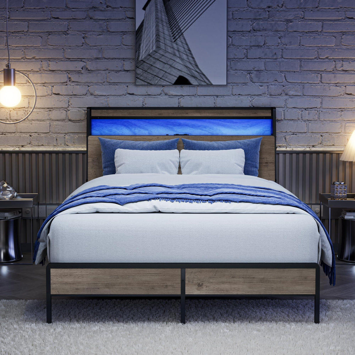 Queen Metal Platform Bed Frame with RGB Lights and Outlets F66210