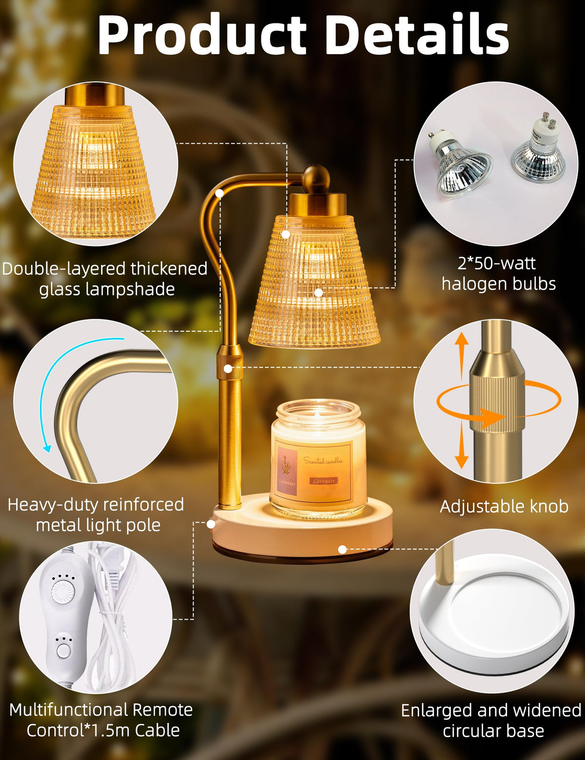 Height Adjustable Dimmable Candle Warmer Lamp with Timer B853810