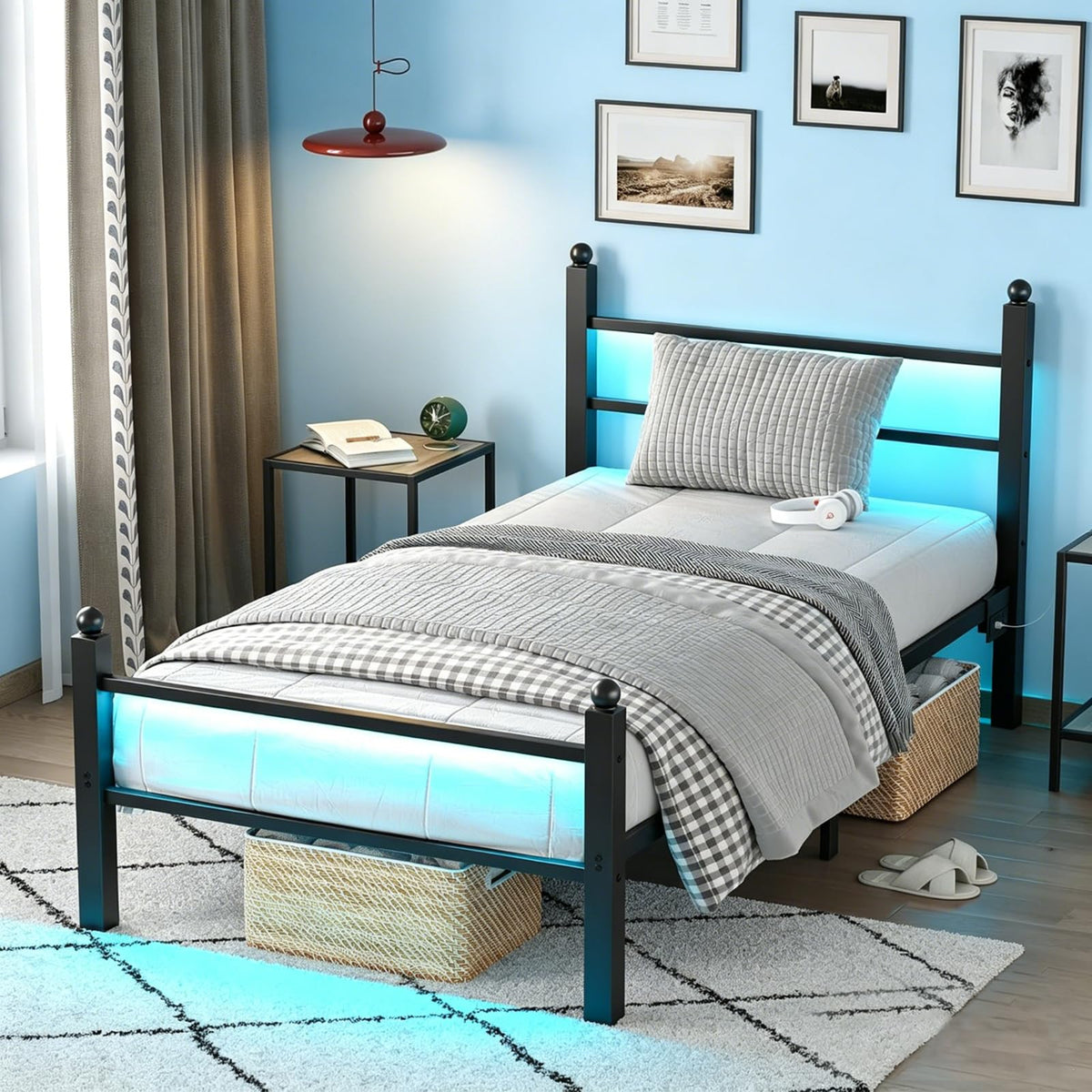 Black Twin Bed Frame with LED Lights and Charging Station U152