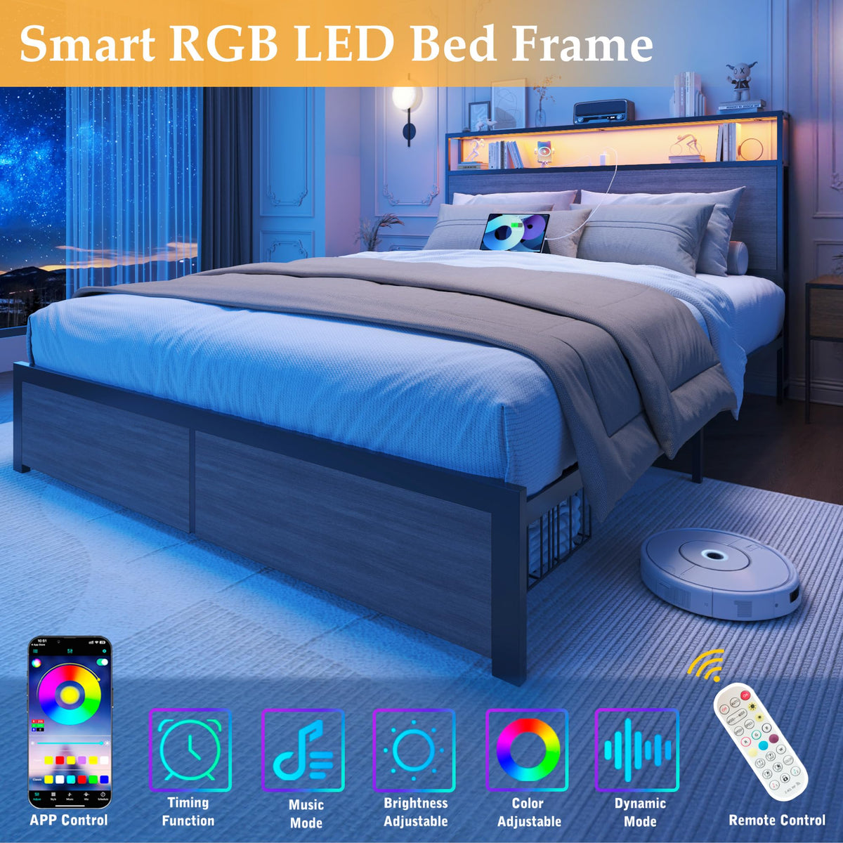 Rustic Grey Full Bed Frame with Charging Station Q692800