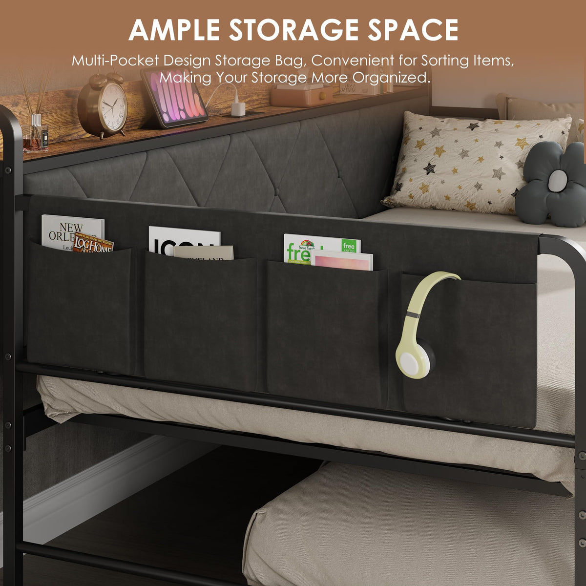 Twin Daybed with Upholstered Headboard and Trundle, Black R428
