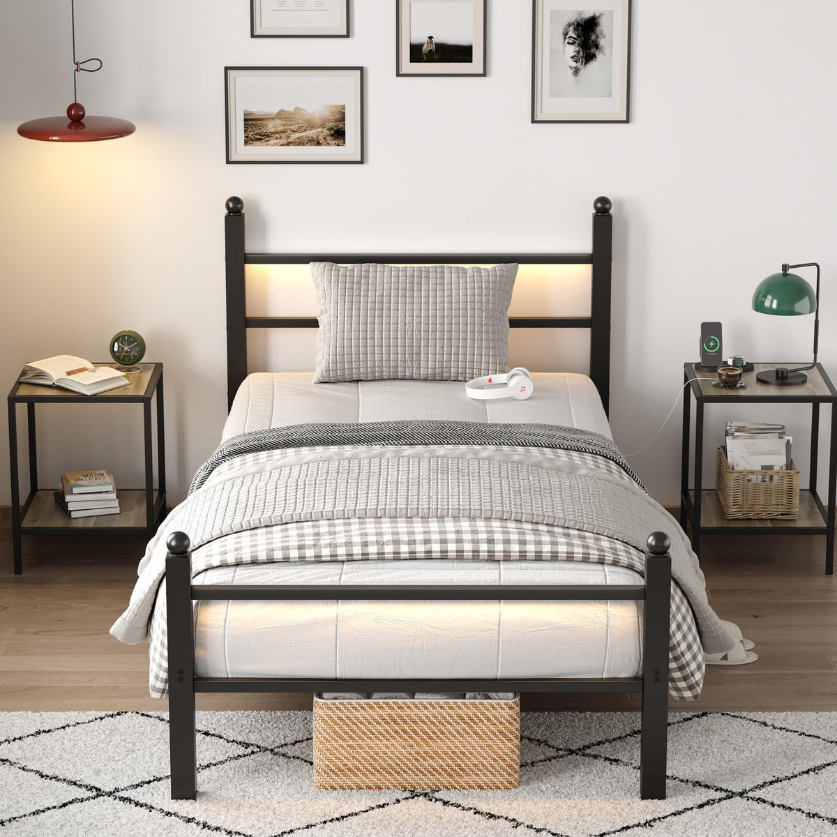 Black Twin Bed Frame with LED Lights and Charging Station U152
