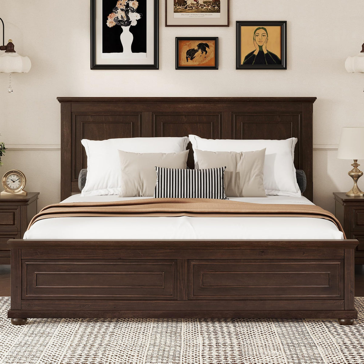 King Size Pinewood Platform Bed with Headboard and Footboard K89503