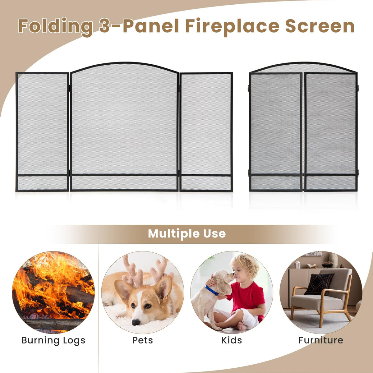 Black Wrought Iron 3 Panel Folding Fireplace Screen P694