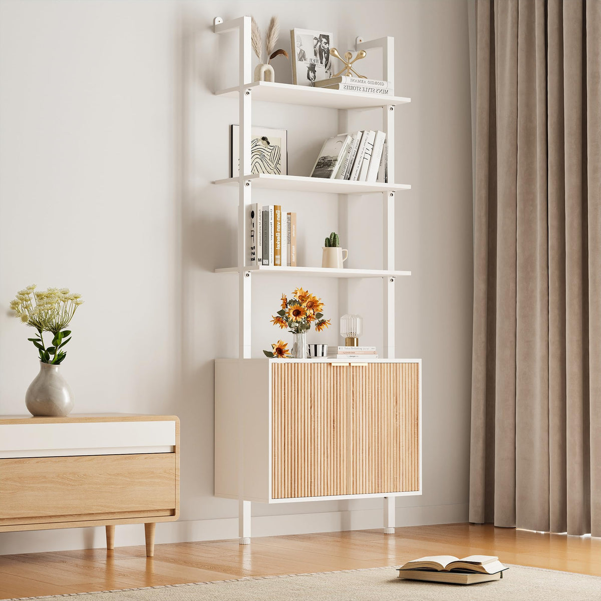 74" Tall White and Oak Bookshelf with Storage Cabinet I342