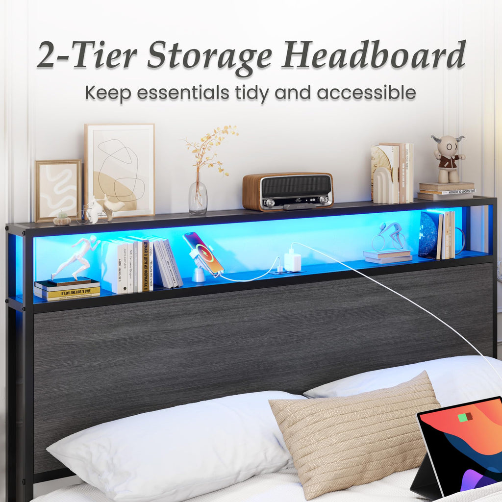 Rustic Grey Full Bed Frame with Charging Station Q692800