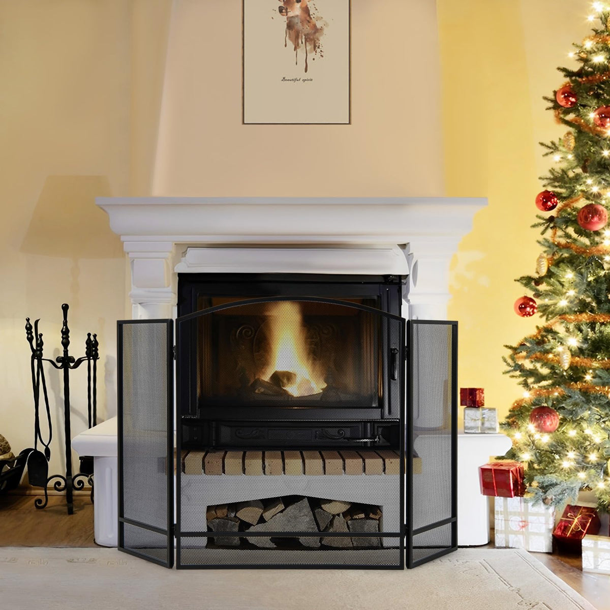 Black Wrought Iron 3 Panel Folding Fireplace Screen P694