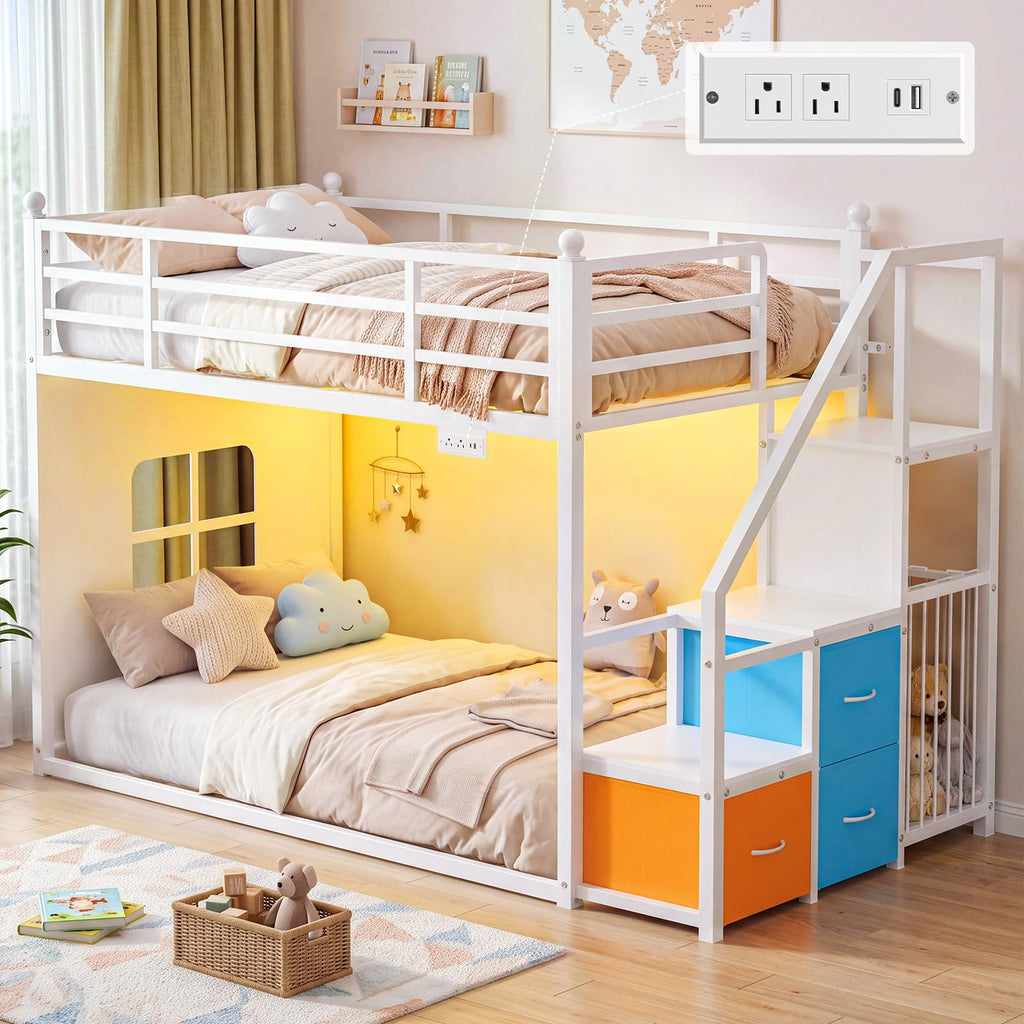 White Twin Over Twin Bunk Bed with Stairs and 3 Storage Drawers M38808