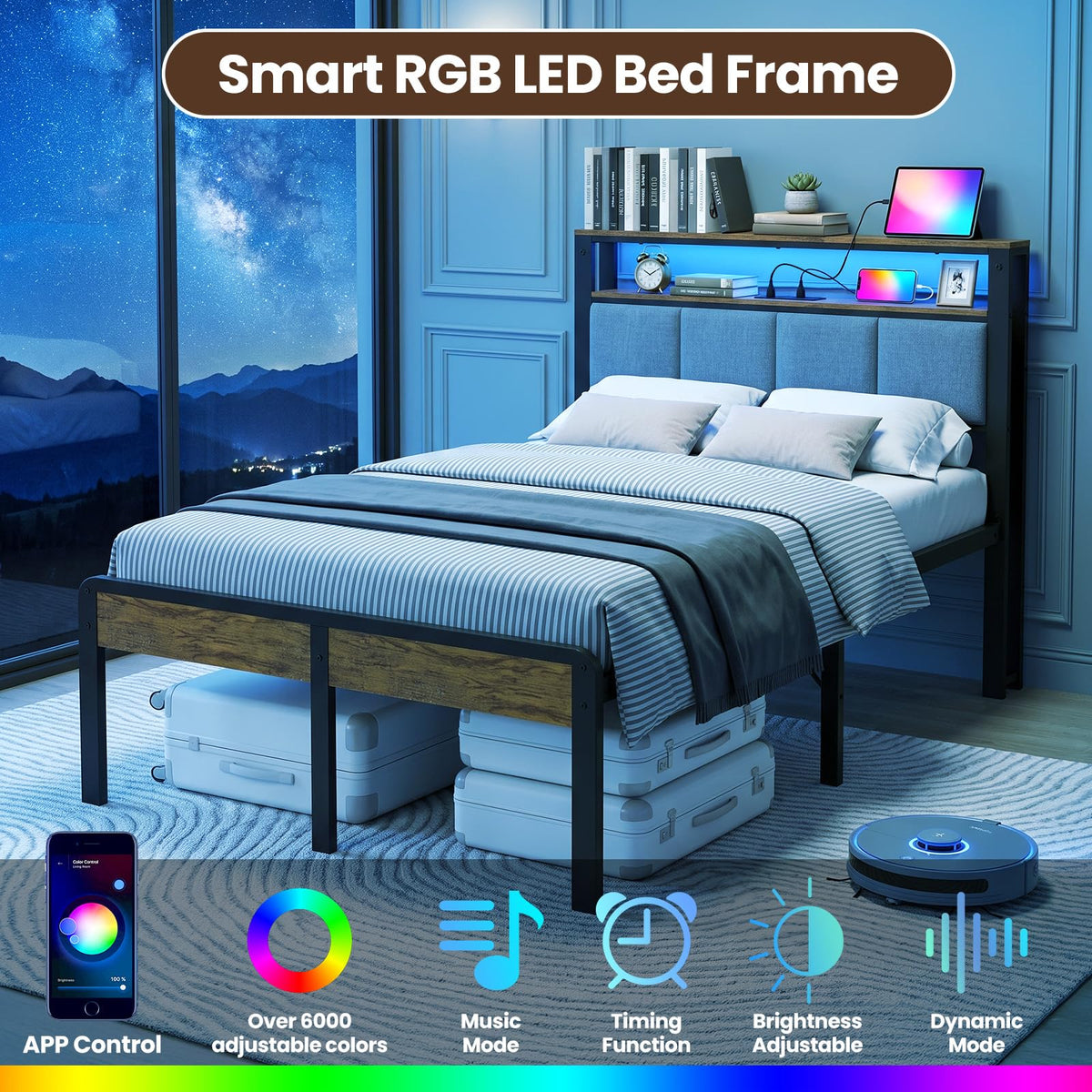 Twin Bed Frame with 18-Inch Under-Bed Storage and RGB LED Lights O662