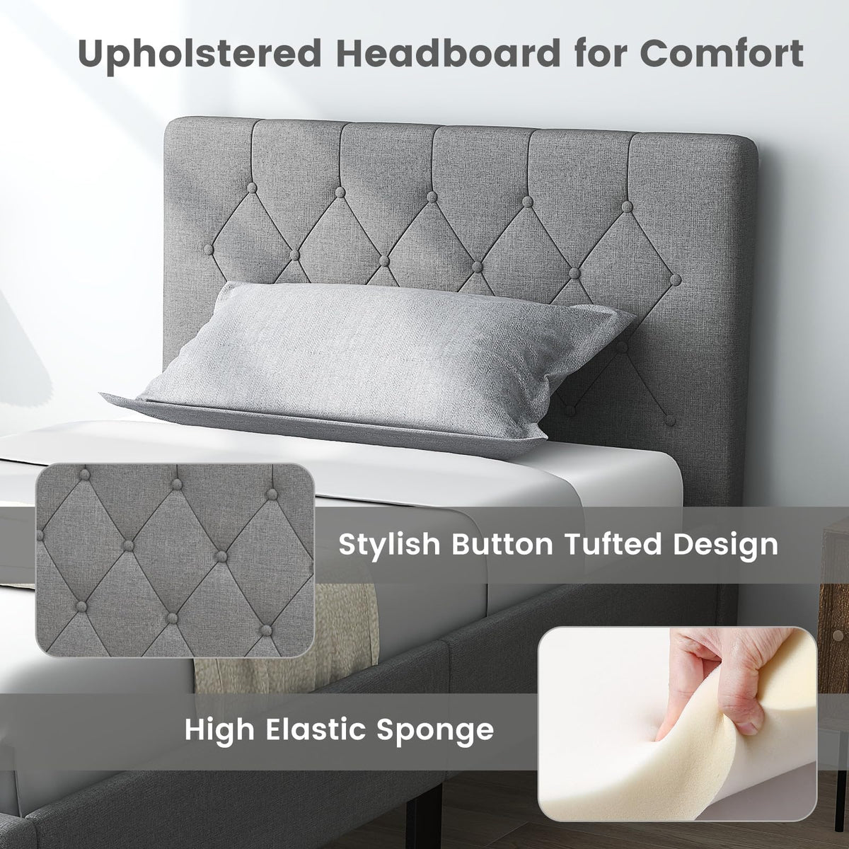 Grey Twin Upholstered Platform Bed with Headboard D147
