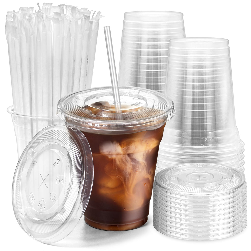12 oz Clear Plastic Cups with Lids and Straws W901