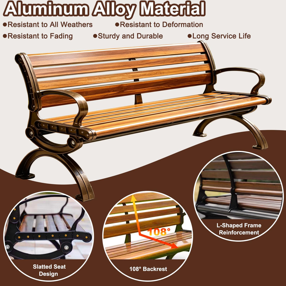 70" Aluminum Alloy Outdoor Bench with Armrest O66035