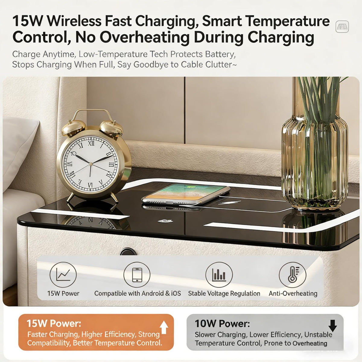 Dark Grey LED Nightstand with Wireless Charging L239052