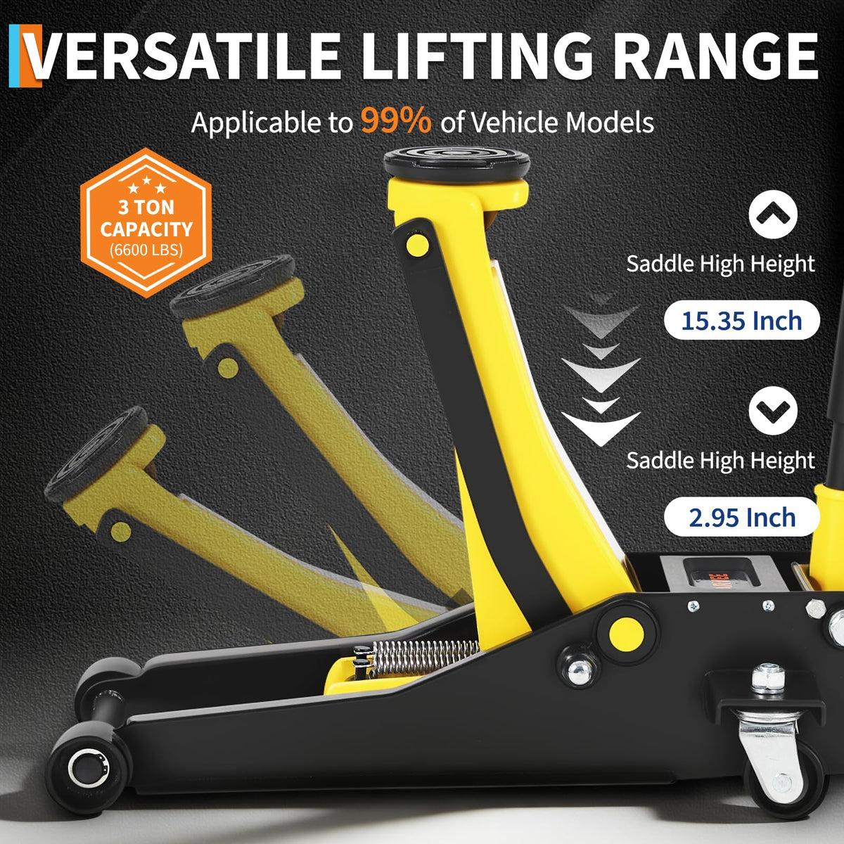 3 Ton Low Profile Hydraulic Floor Jack with Dual Piston Quick Lift Pump Steel Yellow Z4124