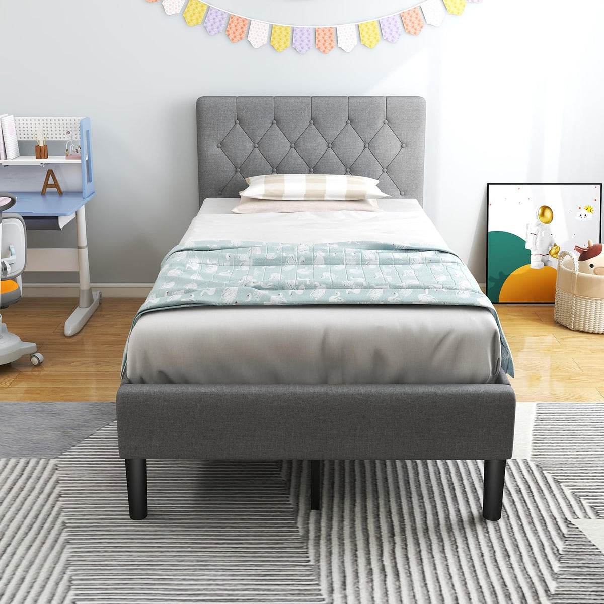 Grey Twin Upholstered Platform Bed with Headboard D147