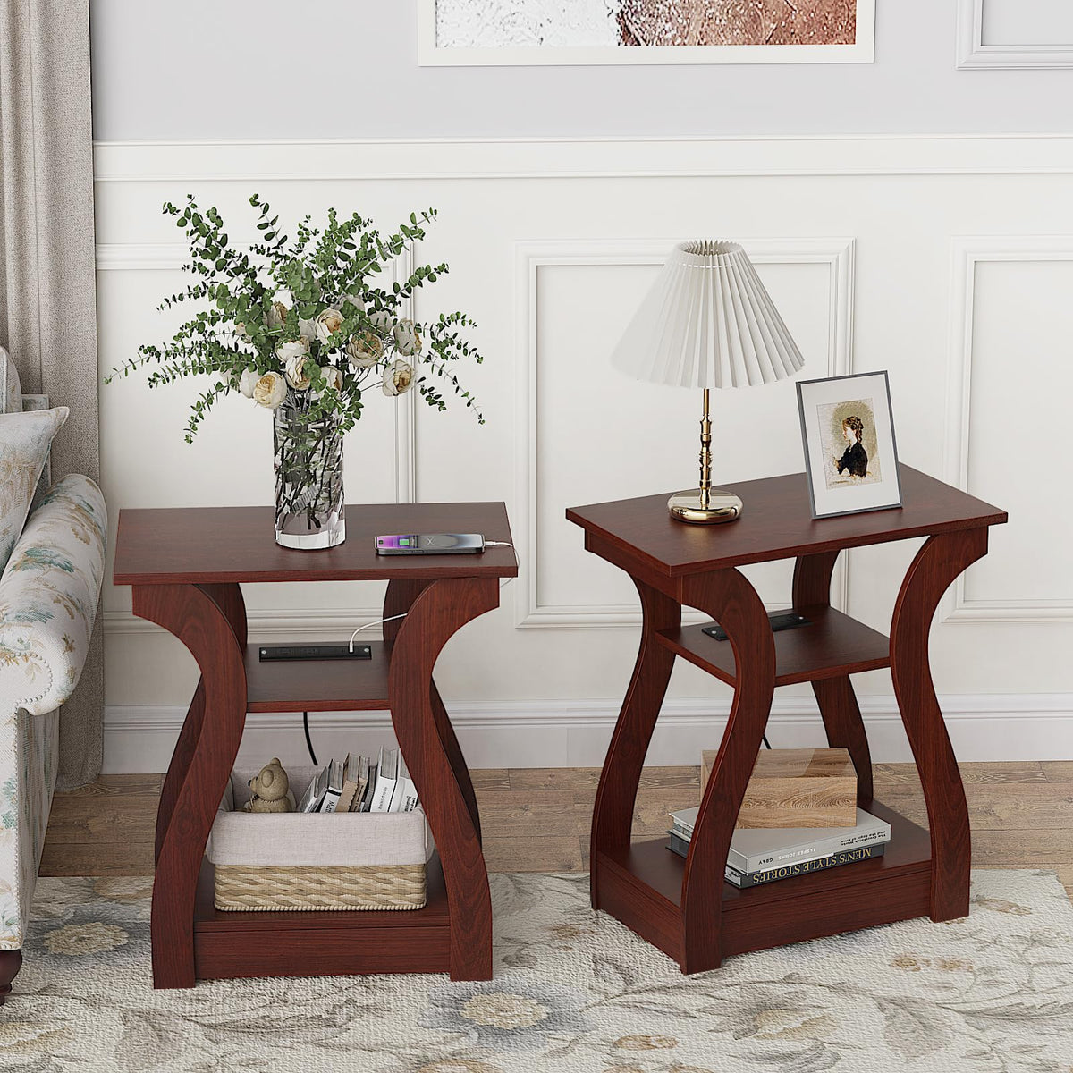 Cherry End Tables Set of 2 with Charging Station S77352