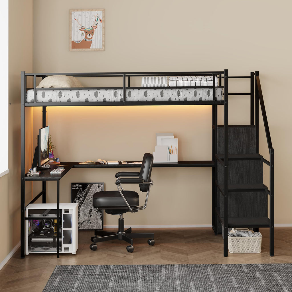 Full Size Metal Loft Bed with Desk & Storage Staircase F9973