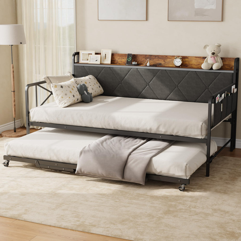 Twin Daybed with Upholstered Headboard and Trundle, Black R428