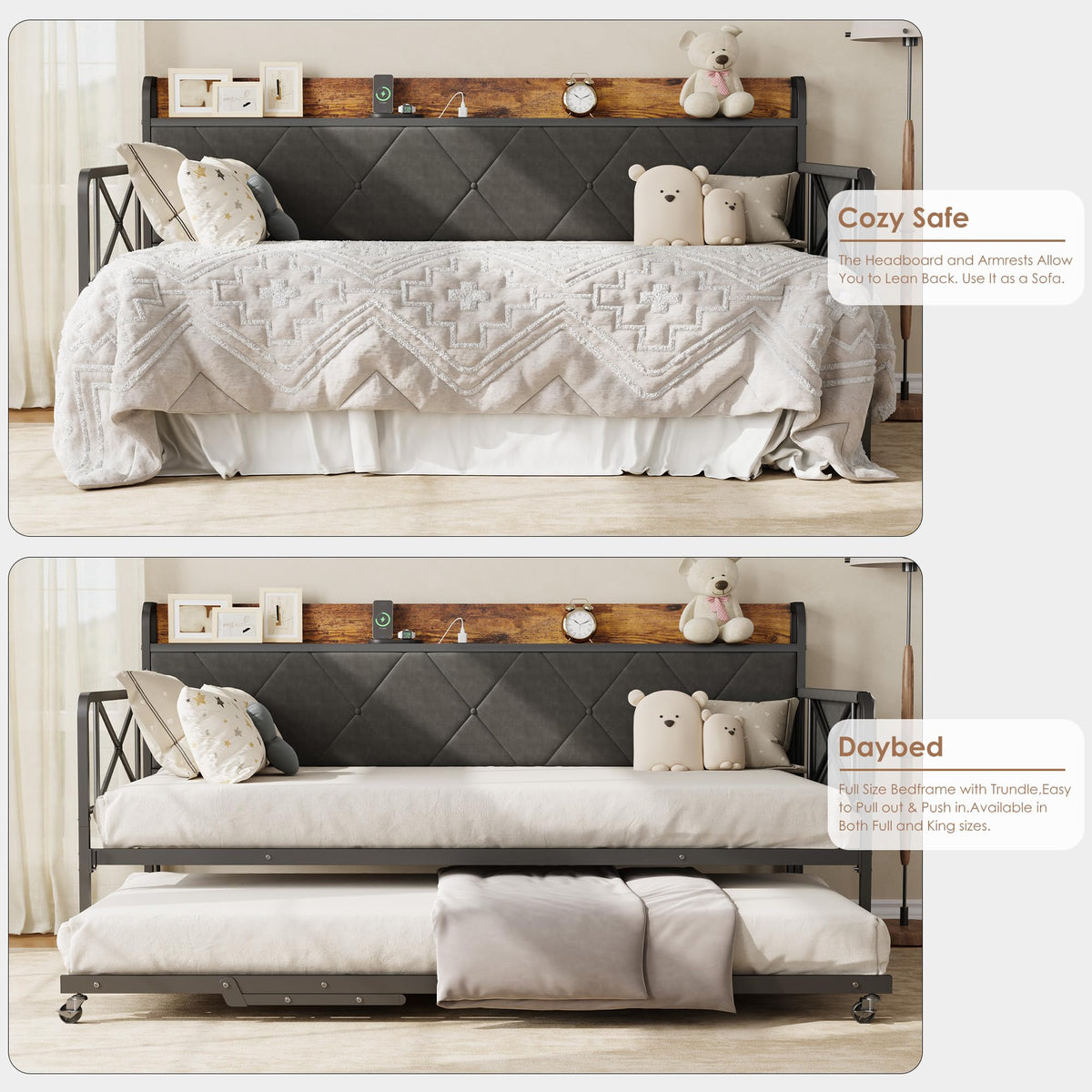 Twin Daybed with Upholstered Headboard and Trundle, Black R428