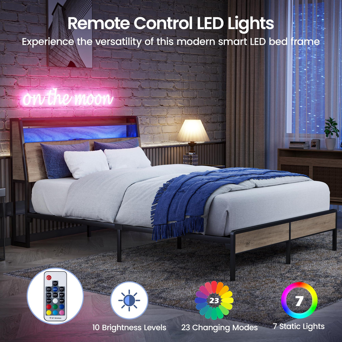 Queen Metal Platform Bed Frame with RGB Lights and Outlets F66210
