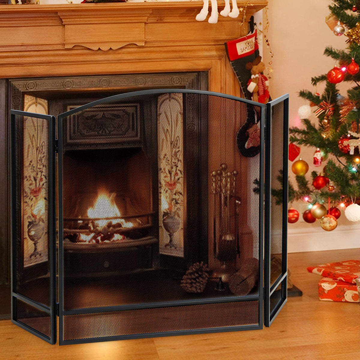 Black Wrought Iron 3 Panel Folding Fireplace Screen P694