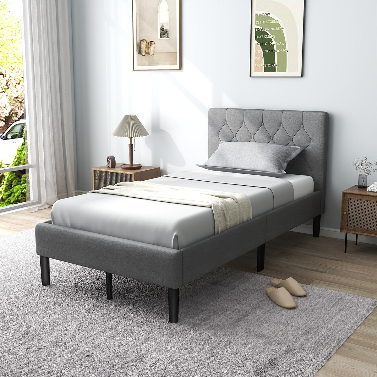 Grey Twin Upholstered Platform Bed with Headboard D147