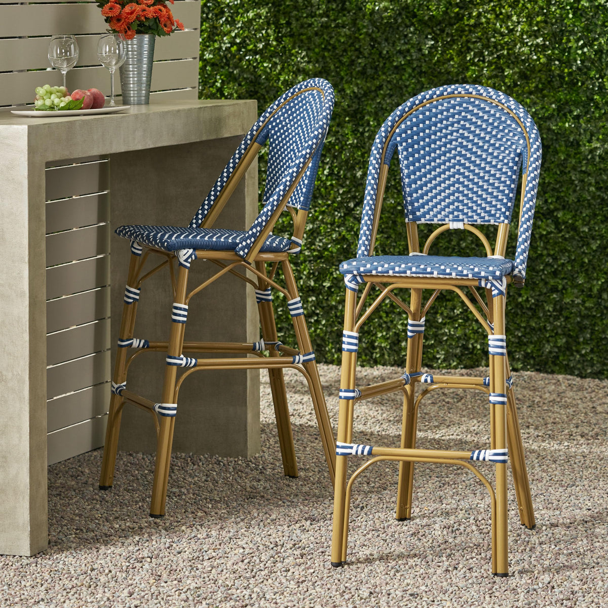 Dark Teal and White PE Rattan Bar Stool Set of 2 P48277